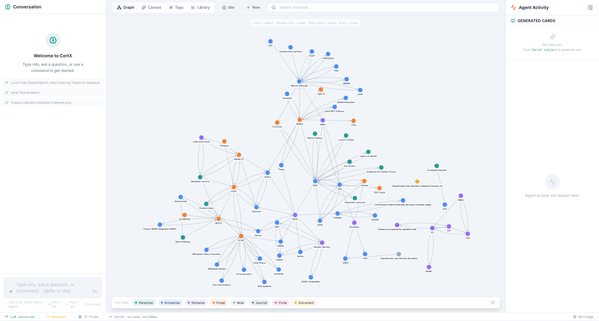 CortX main UI — chat, knowledge graph, and agent activity in a single resizable window